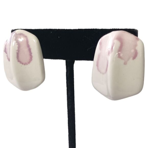 Vintage 80s Ceramic Earrings Geometric Retro Purple Lilac White Disco Pierced. - Picture 4 of 15